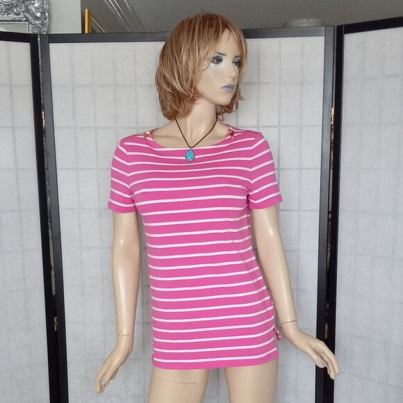MICHAEL Michael Kors Boat Neck Pink/White Striped Top with Gold Zipper Sleeves S - Picture 1 of 9